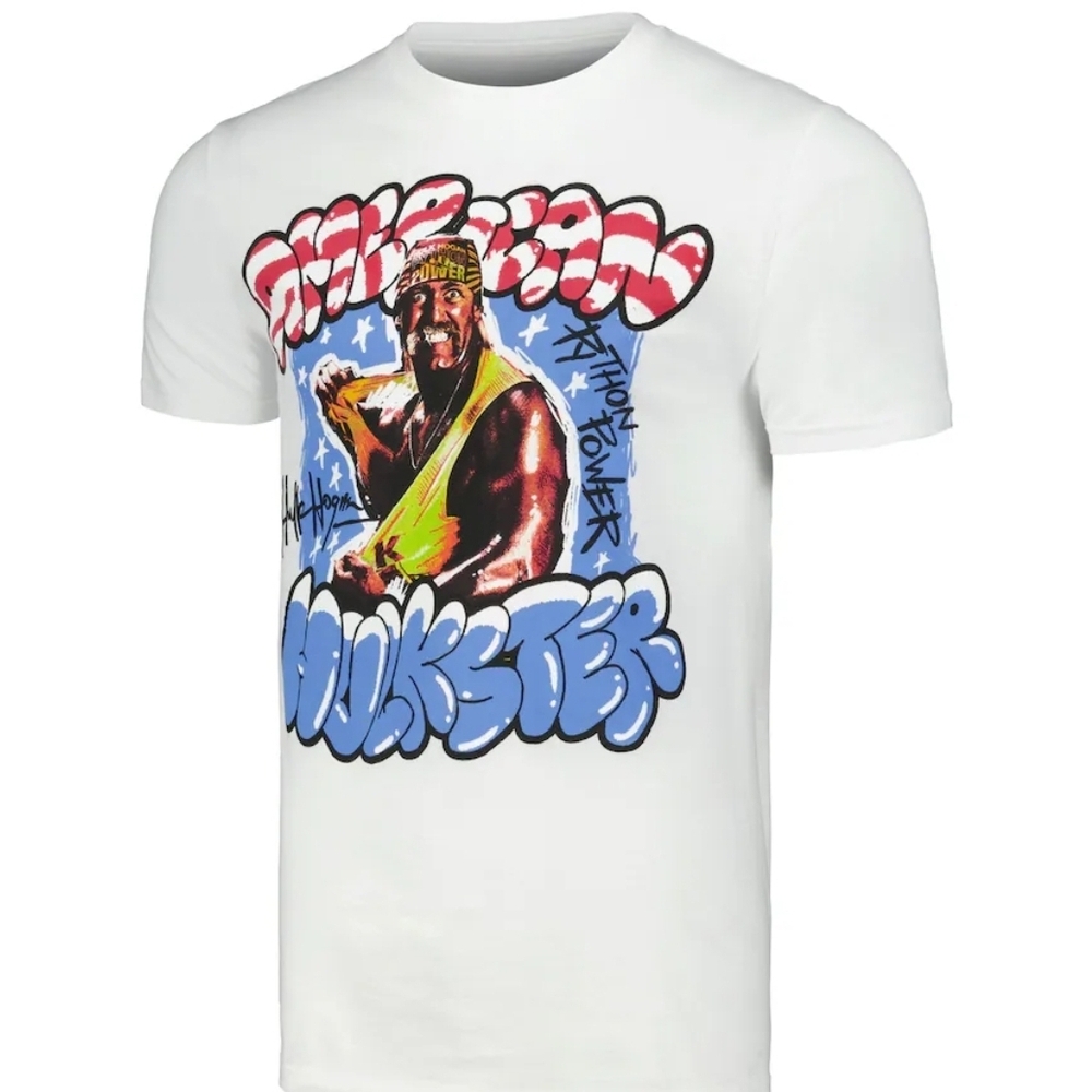 WWE American Hulkster White Graphic Tee with Blue and Red Accents